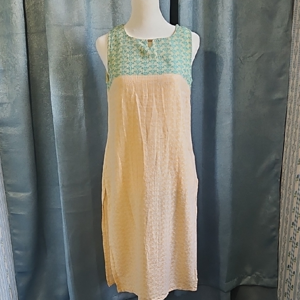 Aurelia 100% Cotton Yellow & Green Two-Tone Sleeveless Dress - Size Medium